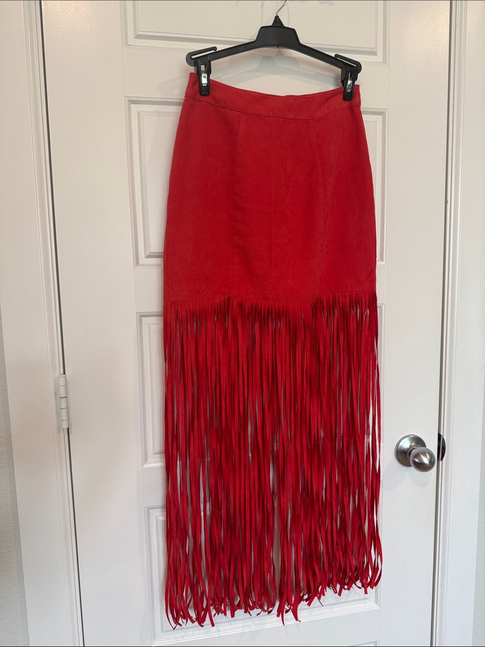 H&M Red Maxi Suede Fringe Skirt